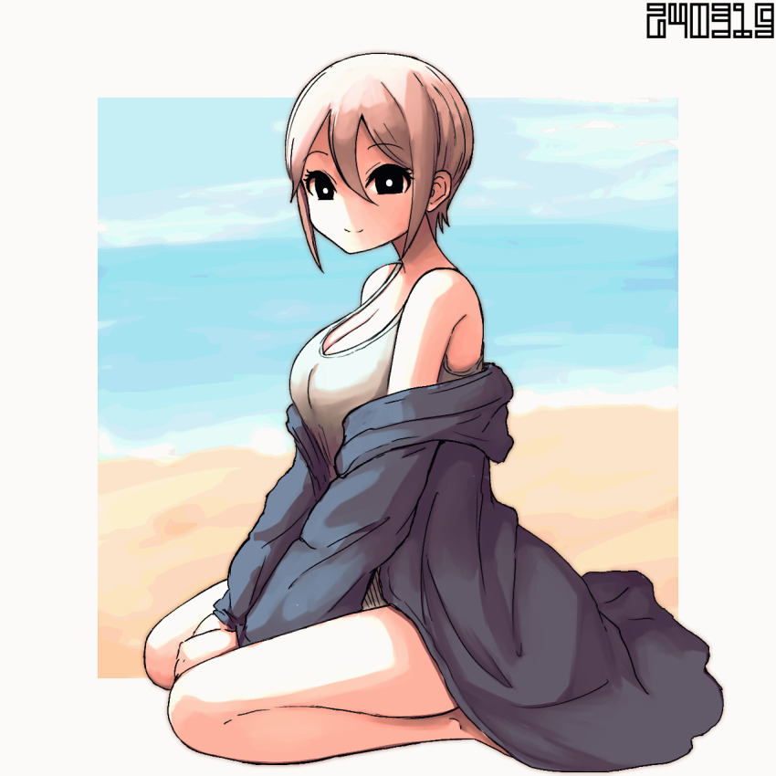 1girl arms_between_legs bare_legs bare_shoulders beach black_eyes blue_jacket breasts bright_pupils cleavage dated grey_hair hair_between_eyes highres idolmaster idolmaster_cinderella_girls jacket jacket_partially_removed koitusmile looking_at_viewer medium_breasts outdoors seiza shiomi_syuko short_hair sitting smile solo white_pupils
