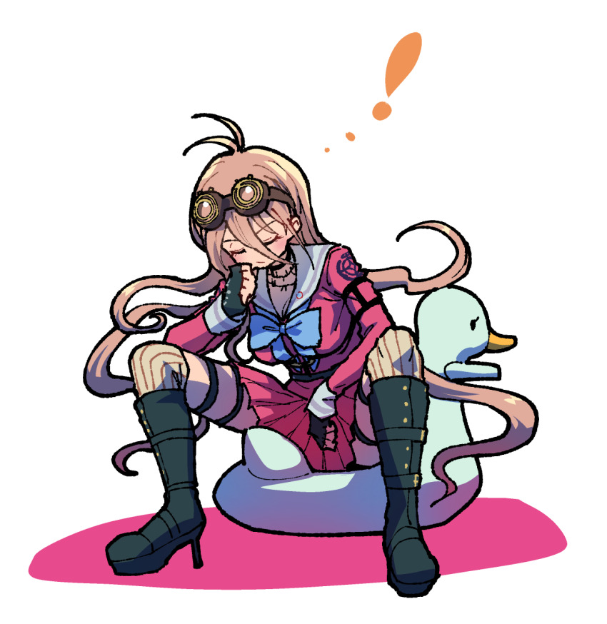 1girl antenna_hair bird blonde_hair bow bowtie breasts choker commentary_request danganronpa_(series) danganronpa_v3:_killing_harmony duck fingerless_gloves gloves goggles goggles_on_head hair_between_eyes highres iruma_miu large_breasts long_hair long_sleeves pink_serafuku pink_shirt school_uniform serafuku shirt sitting skirt youko-shima