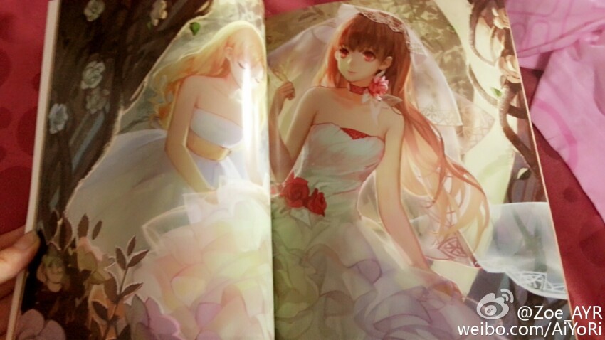 ask_(askzy) blonde_hair choker dress flower highres long_hair multiple_girls original photo_(medium) pink_hair red_choker red_eyes rose third-party_source wedding_dress white_dress
