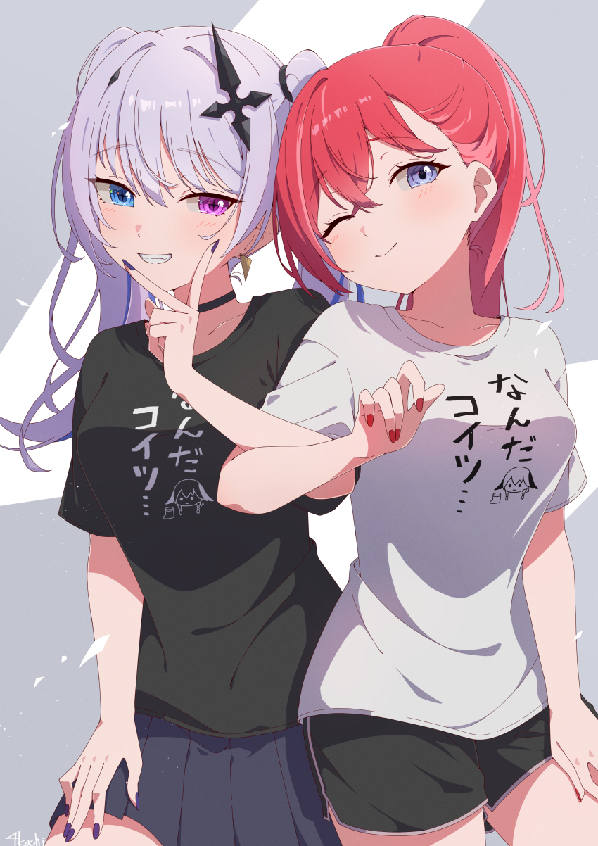 2girls absurdres akashi_(4kc_27) black_choker black_shirt black_shorts blue_eyes blue_skirt braid breasts choker clothes_writing cross cross-shaped_pupils crossed_arms earrings grey_hair gyaru gyaru_v hair_between_eyes hair_ornament heterochromia highres inverted_cross jewelry kogal konkon_aria large_breasts locked_arms long_hair looking_at_viewer medium_breasts multiple_girls neo-porte one_eye_closed parted_lips pink_eyes pleated_skirt ponytail print_shirt purple_eyes red_hair shirt short_hair short_shorts shorts sidelocks simple_background skirt smile symbol-shaped_pupils teeth tented_shirt tentei_forte triangle_earrings twintails v v_over_mouth virtual_youtuber white_shirt