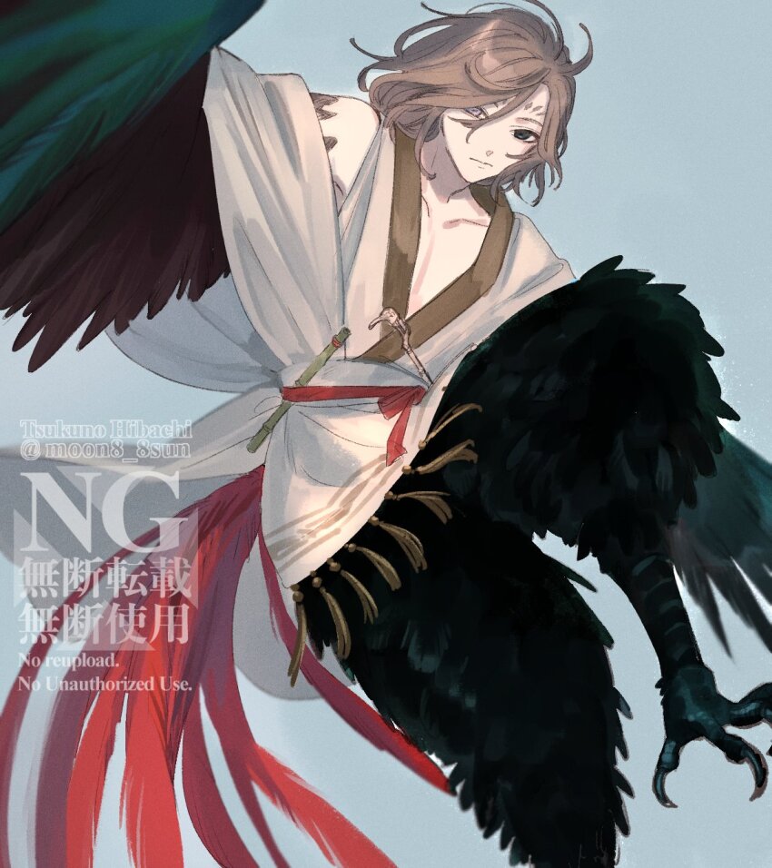 1boy bird_legs bird_wings black_eyes black_wings blue_background brown_hair chinese_clothes flute foot_out_of_frame getian_(reverse:1999) grey_eyes hanfu harpy_boy heterochromia highres instrument leg_up looking_at_viewer male_focus medium_hair monster_boy moon8_8sun outstretched_arms reverse:1999 solo spread_arms talons twitter_username watermark white_hanfu winged_arms wings
