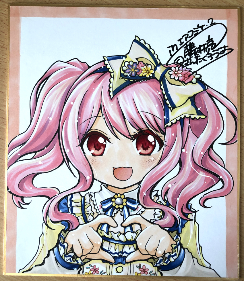 1girl absurdres blue_background blue_bow blue_bowtie blush bow bowtie character_request comiket_98 commentary_request copyright_request flower four-finger_heart_hands frilled_shirt frills fujii_ryou hair_bow heart heart_hands highres long_hair long_sleeves looking_at_viewer open_mouth pink_flower pink_hair purple_flower red_eyes shirt smile solo twintails upper_body yellow_bow yellow_shirt