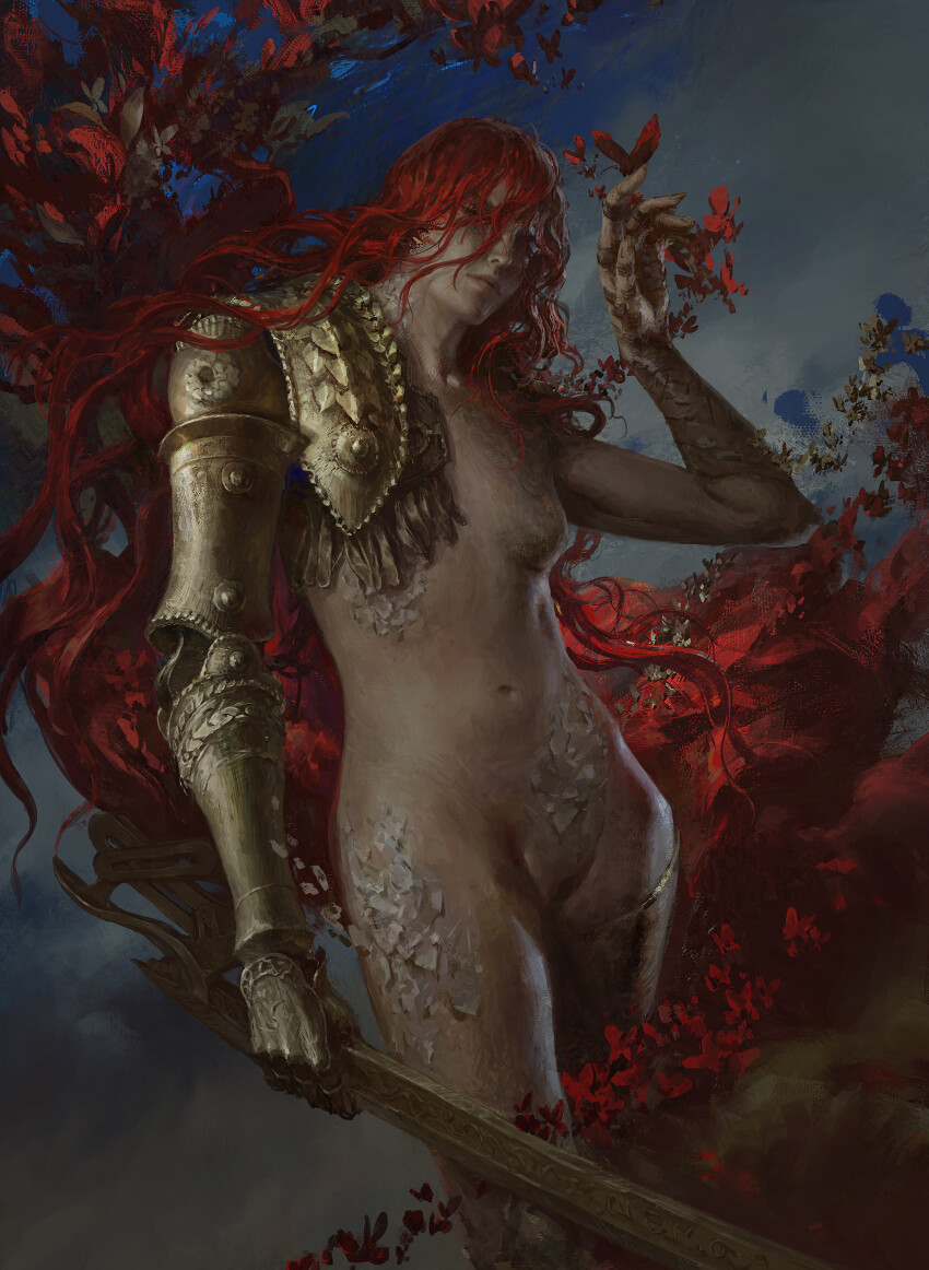 1girl amputee arm_up breasts bug butterfly closed_mouth commentary completely_nude elden_ring english_commentary golden_sword highres holding holding_sword holding_weapon insect long_hair malenia_blade_of_miquella malenia_goddess_of_rot navel nemoart7 nude prosthesis prosthetic_arm prosthetic_leg red_hair scar scars_all_over small_breasts solo standing sword too_many too_many_butterflies triple_amputee very_long_hair weapon wings