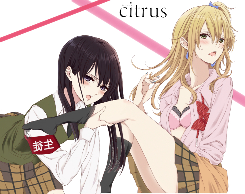 2girls aihara_academy_school_uniform aihara_mei aihara_yuzu black_hair blonde_hair blush breasts citrus_(saburouta) cleavage clothes_around_waist ear_blush earrings green_eyes highres jewelry kiss long_hair looking_at_viewer medium_breasts multiple_girls open_mouth pink_shirt purple_eyes saint_laurent_paris school_uniform shirt shoulder_blush siblings sisters skirt step-siblings sweater sweater_around_waist wife_and_wife yuri