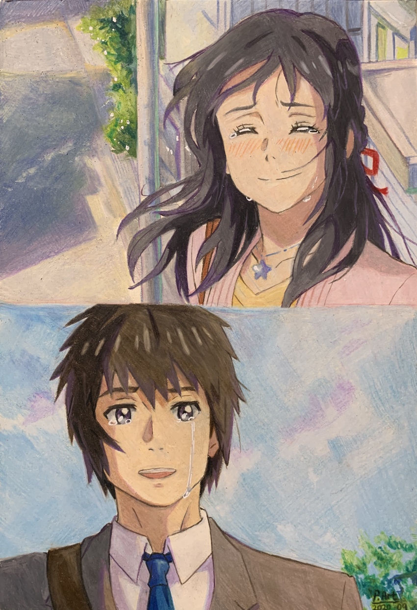 1boy 1girl ^_^ absurdres artist_name bag black_eyes black_hair blue_necktie blush brown_hair closed_eyes collarbone collared_shirt colored_pencil_(medium) commentary commentary_request crying crying_with_eyes_open dated english_commentary floating_hair grey_jacket hair_ribbon half_updo highres jacket jewelry kimi_no_na_wa. korean_commentary long_hair making-of_available mixed-language_commentary miyamizu_mitsuha necklace necktie outdoors p.art red_ribbon ribbon shirt short_hair shoulder_bag smile tachibana_taki tearing_up tears traditional_media upper_body white_shirt