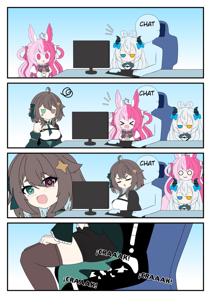 1other 3girls 4koma akugaki_koa animal_ears black_shorts black_shrug blue_background blue_eyes blue_shrug brown_thighhighs chibi child close-up closed_eyes comic demon_girl demon_horns detached_sleeves dress eyebrows from_side gradient_background green_sleeves heterochromia horns idol_corp kimura_tao lalabell_lullaby long_hair looking_at_another looking_at_object looking_at_viewer lower_body meica_(vtuber) meica_(vtuber)_(1st_costume) multicolored_hair multiple_girls open_mouth pink_eyes pink_hair portrait rabbit_ears rabbit_girl sequential shorts shrug_(clothing) silent_comic simple_background sitting sitting_on_person split-color_hair thighhighs twintails two-tone_shrug virtual_youtuber white_dress yellow_eyes