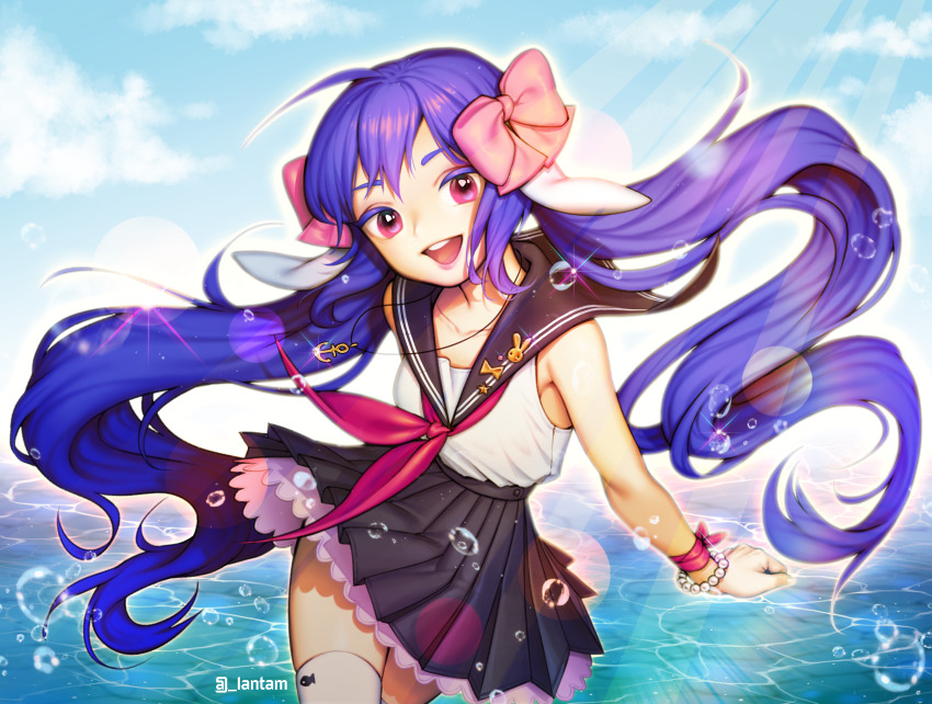 1girl absurdres anchor black_skirt blue_hair blue_sky bow bracelet clenched_hand female_focus hair_bow highres huge_filesize jewelry lantam long_hair looking_at_viewer necklace open_mouth original outdoors pink_bow pink_eyes school_uniform serafuku skirt sky solo thighhighs twintails twitter_username very_long_hair water water_drop white_thighhighs