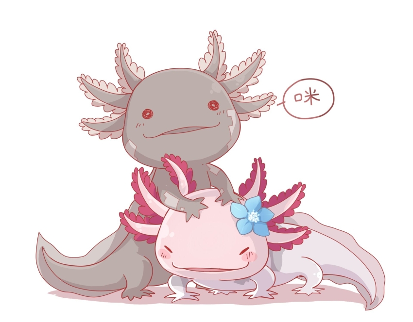 animal_focus animalization arm_support aroma_white asakura_neko axolotl blue_flower closed_eyes cytus cytus_ii flower hair_flower hair_ornament highres no_humans on_head rearing shadow simple_background speech_bubble squiggle_eyes white_background youzaiyouzai112