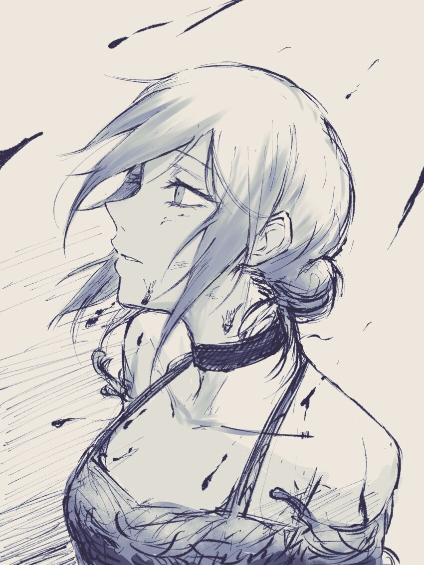 1girl apron breasts chainsaw_man choker commentary_request elbow_gloves gloves greyscale hair_bun highres madaosw medium_breasts medium_hair monochrome reze_(chainsaw_man) solo