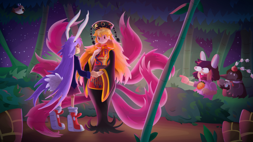 3girls animal_ears blonde_hair blush bush camera dress highres holding_hands inaba_tewi junko_(touhou) large_shoes long_hair multiple_girls mystia_lorelei mystia_lorelei_(bird) night outdoors panchamon pointing rabbit_ears rabbit_girl rabbit_tail red_eyes red_nails reisen_udongein_inaba shameimaru_aya shameimaru_aya_(crow) shoes standing tail touhou tree very_long_hair yuri