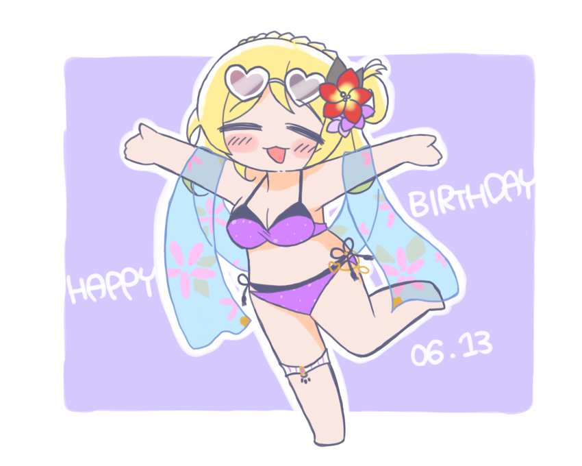 1girl artist_name artist_request bare_legs bare_shoulders barefoot bikini bikini_skirt blonde_hair blush bracelet braid breasts brown_eyes chibi cleavage closed_eyes clothes_lift collarbone crown_braid drop_necklace feet female_focus floral_print flower frilled_thigh_strap full_body green_eyes hair_flower hair_ornament hair_rings highres jewelry layered_bikini legwear_garter looking_at_viewer love_live! love_live!_school_idol_festival love_live!_sunshine!! medium_hair navel necklace o-ring o-ring_bikini o-ring_top ohara_mari outstretched_arms outstretched_hand parted_lips pearl_bracelet plaid_bikini plaid_clothes purple_bikini purple_scrunchie red_flower sarong sarong_lift scrunchie short_hair side-tie_bikini_bottom single_legwear_garter small_breasts smile soles solo standing standing_on_one_leg stomach_tattoo sunglasses sunglasses_on_head swimsuit tattoo thigh_strap wrist_band wrist_scrunchie wristband yellow_eyes