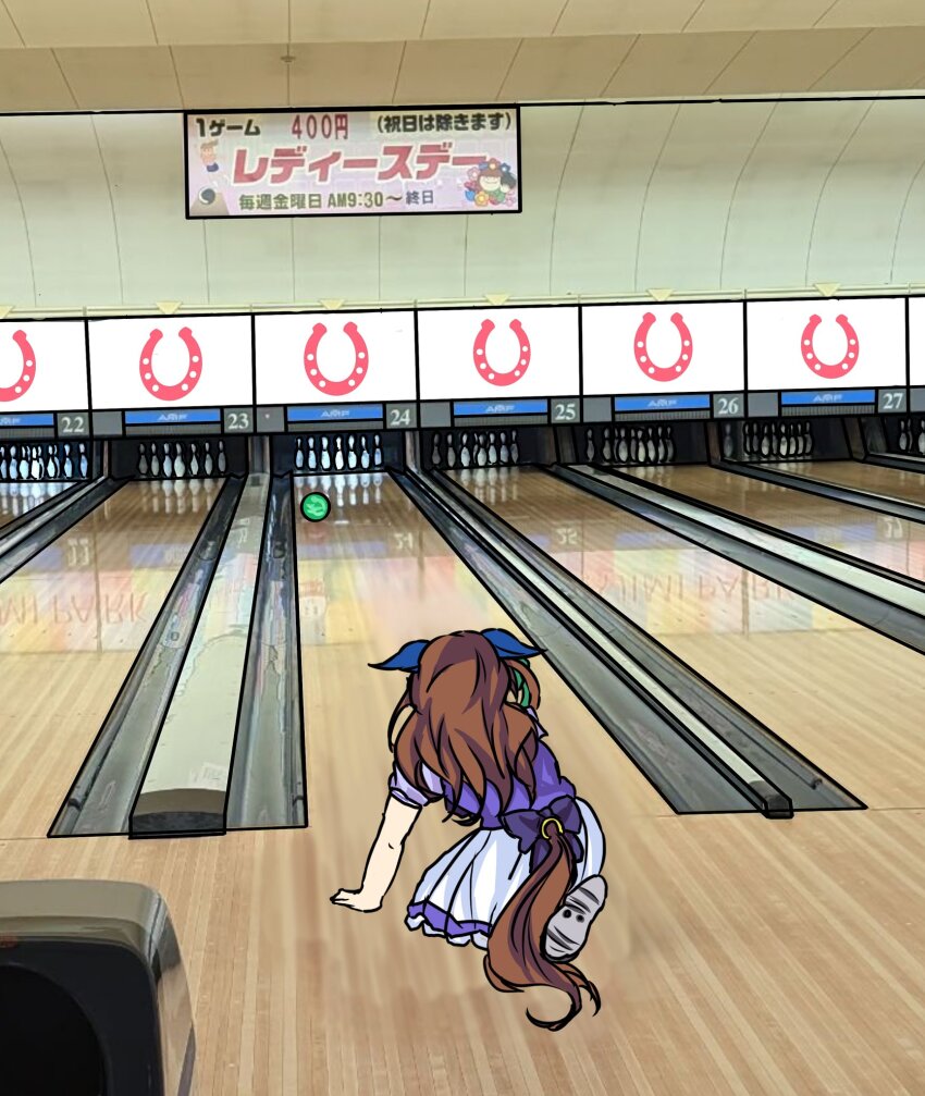 132109chisato 1girl all_fours animal_ears ball bowling bowling_alley bowling_ball bowling_pin brown_hair ceiling droopy_ears ear_covers fallen_down hair_ribbon highres horse_ears horse_girl horse_tail horseshoe king_halo_(umamusume) poster_(object) ribbon solo tail umamusume