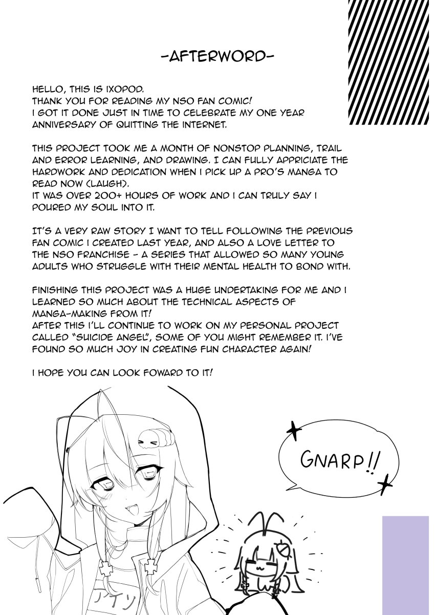 absurdres afterword artist_self-insert character_doll chibi chibi_inset doll english_text greyscale hair_ornament highres hood hood_up hoodie ixopod looking_at_viewer monochrome needy_girl_overdose oversized_clothes sharp_teeth sidelocks sparkle speech_bubble teeth text_focus translation_request
