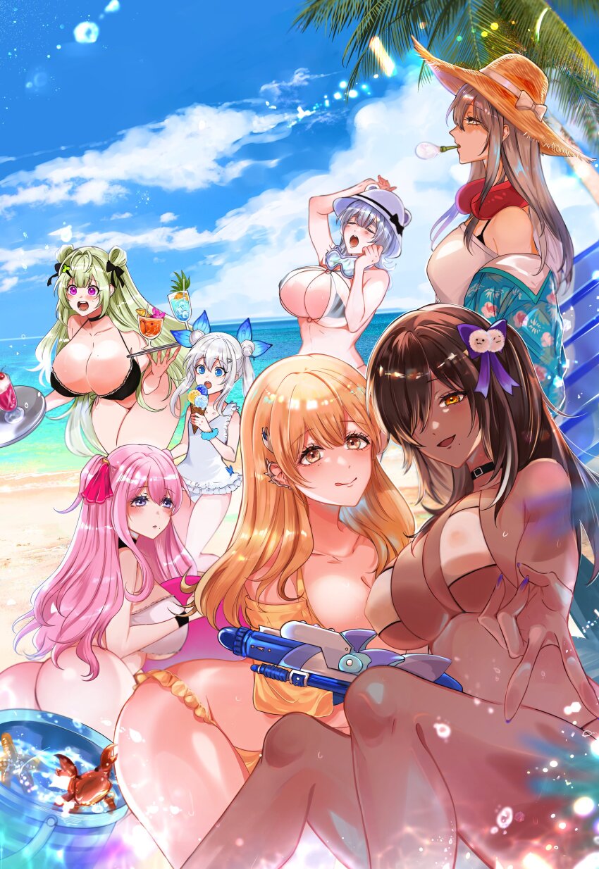 6+girls absurdres ass beach bikini blonde_hair blue_eyes breasts brown_hair bucket closed_eyes crab dark-skinned_female dark_skin day dimjh double_bun frilled_one-piece_swimsuit frills frima_(nikke) frima_(sea_of_sloth)_(nikke) goddess_of_victory:_nikke green_hair grey_hair hair_bun hat highres huge_breasts ice_cream_cone jacket large_breasts long_hair mouth_hold multiple_girls n102_(miracle_fairy)_(nikke) n102_(nikke) naga_(nikke) neve_(nikke) ocean official_alternate_costume one-piece_swimsuit open_mouth outdoors pink_hair sand shirt soda_(nikke) sun_hat swimsuit tia_(nikke) twintails water white_hair white_shirt white_swimsuit yellow_eyes yuni_(nikke)