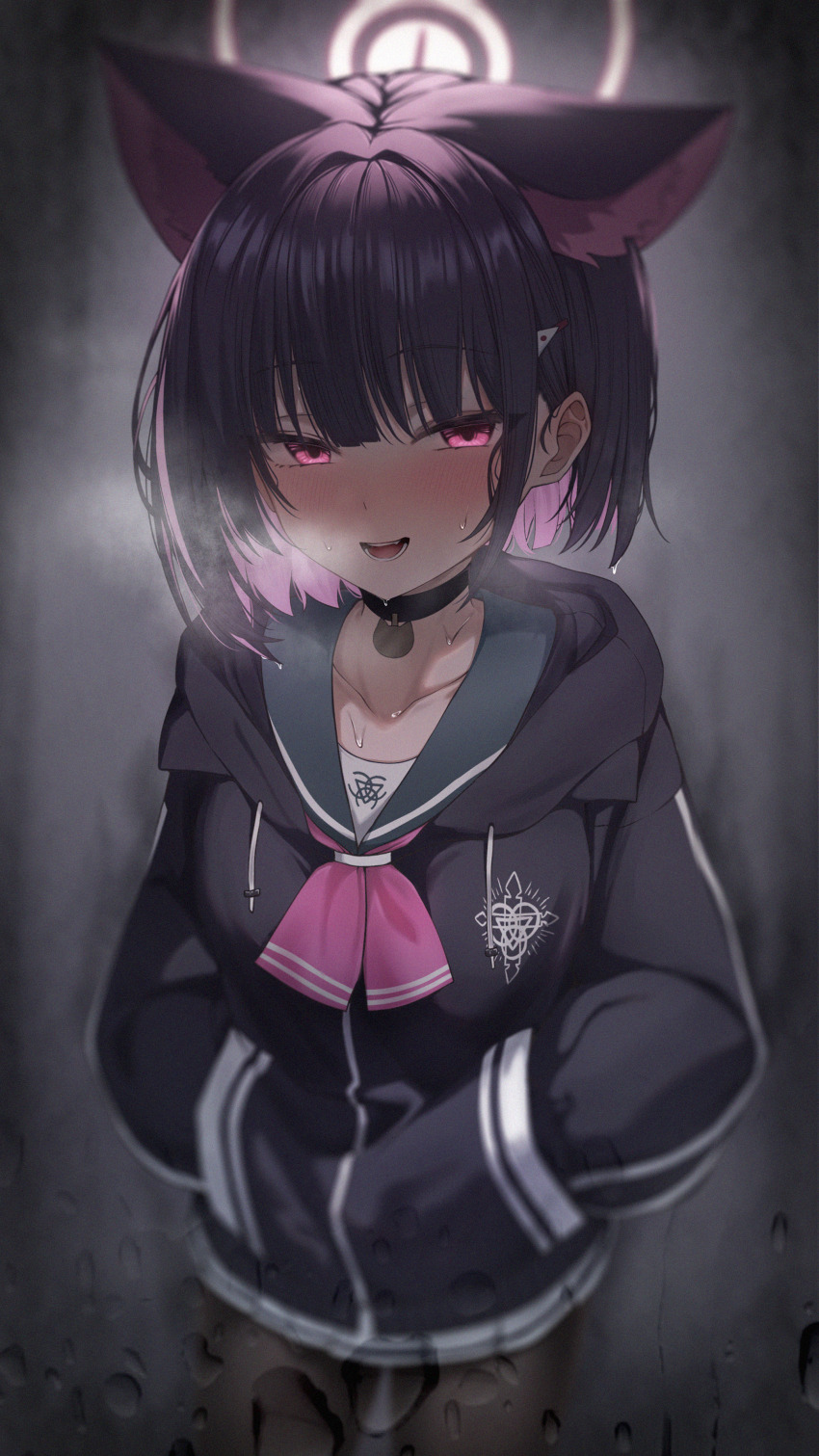 1girl absurdres animal_ears black_choker black_hair black_hoodie blue_archive blush brown_pantyhose cat_ears cat_girl choker colored_inner_animal_ears colored_inner_hair extra_ears green_sailor_collar halo hands_in_pockets heavy_breathing highres hood hood_down hoodie kazusa_(blue_archive) long_sleeves looking_at_viewer multicolored_hair neckerchief number-only_commentary open_mouth pantyhose pink_eyes pink_hair pink_halo pink_neckerchief sailor_collar short_hair smile solo sweat two-tone_hair wendao