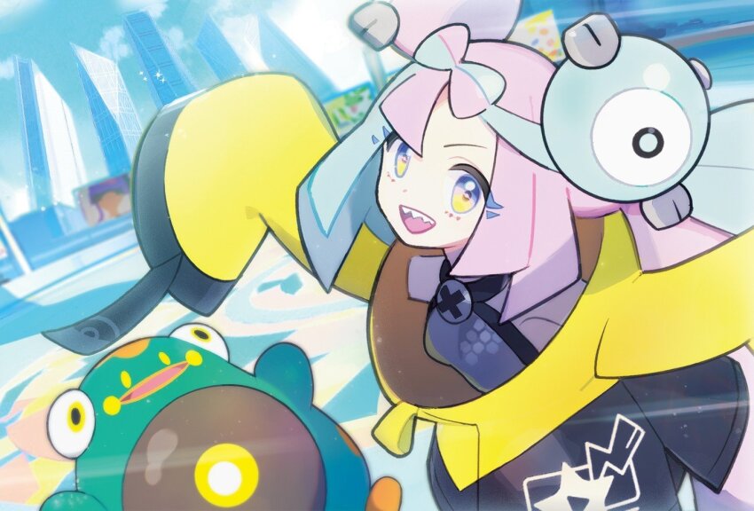 1girl bellibolt blue_hair bow-shaped_hair breasts character_hair_ornament creatures_(company) frog game_freak hair_ornament hexagon_print iono_(pokemon) jacket long_hair low-tied_long_hair medium_breasts mizutani_megumi multicolored_hair nintendo official_art oversized_clothes pink_hair pokemon pokemon_(creature) pokemon_sv sharp_teeth sleeveless sleeves_past_fingers sleeves_past_wrists smile split-color_hair teeth third-party_source very_long_sleeves x yellow_jacket