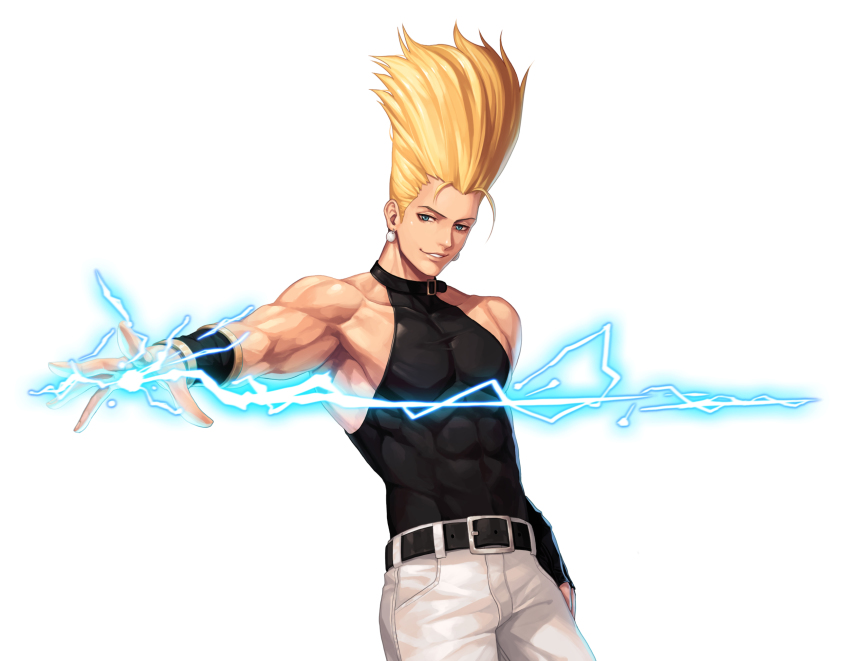 1boy animal_collar arm_at_side bare_shoulders belt biceps black_belt black_collar black_tank_top blonde_hair collar collarbone commentary_request covered_abs cowboy_shot earrings electricity evilgun highres jewelry looking_at_viewer male_focus nikaidou_benimaru pants parted_lips pectorals simple_background sleeveless smile smirk smug solo standing sweatband tank_top the_king_of_fighters the_king_of_fighters_&#039;97 toned toned_male white_background white_pants