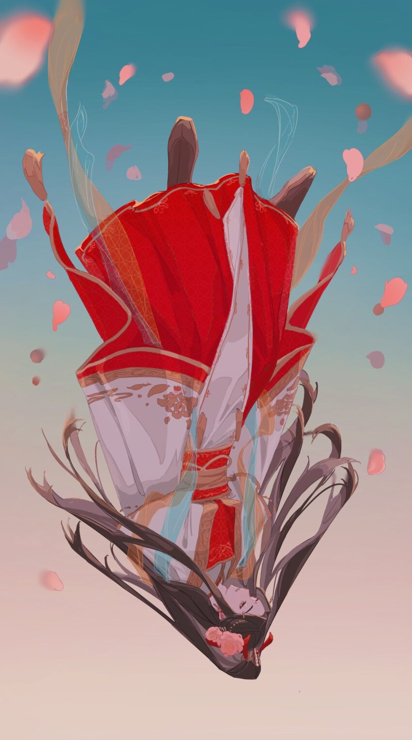 1boy black_hair black_shoes chinese_clothes earrings falling falling_petals flower full_body gradient_background hair_flower hair_ornament half_updo hanfu high_ponytail highres jewelry long_hair long_sleeves male_focus official_alternate_costume official_alternate_hairstyle petals pink_flower ponytail red_hanfu sash shawl shoes sky solo tianguan_cifu upside-down very_long_hair whale_52hz_o wide_sleeves xie_lian_(flower_crowned_martial_god)
