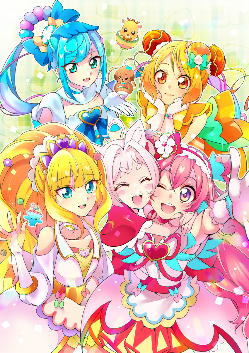 5girls absurdres ahoge animal_ears arm_up arms_around_neck back_bow blonde_hair blue_bow blue_eyes blue_hair blunt_bangs bow bridal_gauntlets brooch bun_cover cheek-to-cheek choker closed_eyes closed_mouth clothing_cutout commentary cone_hair_bun cure_finale cure_precious cure_spicy cure_yum-yum delicious_party_precure dog double_bun dragon dress foreshortening fox_ears fox_girl frilled_hairband frills fuwa_kokone gloves green_eyes hair_bow hair_bun hair_intakes hair_ornament hair_rings hairband hanamichi_ran hands_on_own_face heads_together heart heart_brooch highres hug huge_bow jacket jewelry kasai_amane kome-kome kome-kome_(human) long_hair looking_at_viewer magical_girl mem-mem_(precure) mitsuki_tayura multiple_girls nagomi_yui off-shoulder_dress off_shoulder one_eye_closed open_mouth orange_bow orange_dress pam-pam pink_hair pink_skirt precure purple_eyes purple_skirt recipipi red_bow red_choker red_eyes short_hair shoulder_cutout side_ponytail single_hair_ring skirt sleeveless sleeveless_dress smile sparkle standing tiara triple_bun very_long_hair waving white_gloves white_jacket wide_ponytail