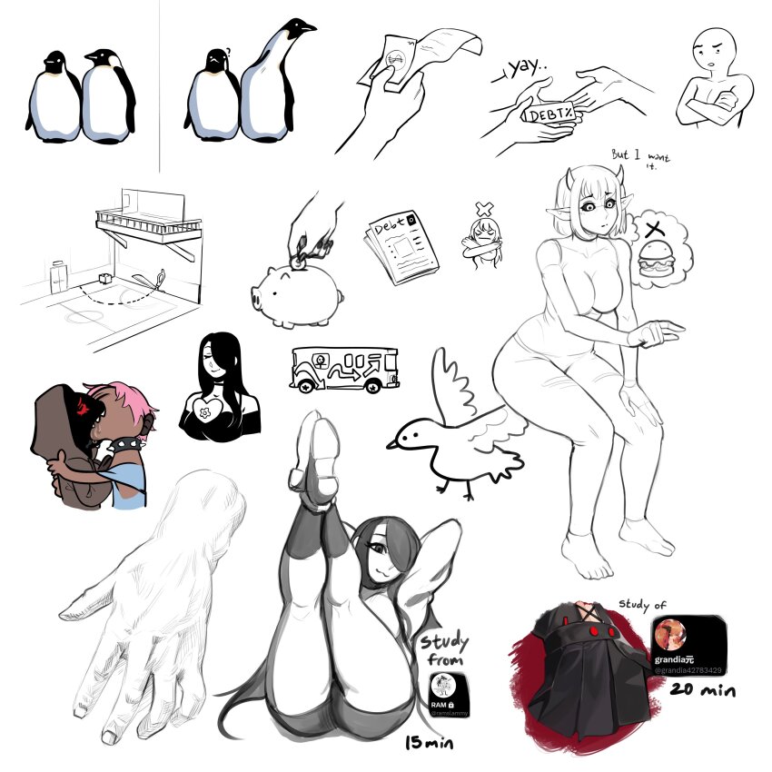 1boy 3girls :3 :o ? absurdres amina_(telepurte) arms_behind_head arrow_(symbol) ass banknote bare_legs barefoot basketball_court bird black_sclera black_skin black_skirt blue_shirt bob_cut breasts brown_hoodie burger bus character_request choker cleavage closed_eyes closed_mouth coin collar collarbone colored_sclera colored_skin cropped_torso crossed_arms dark_skin disembodied_hand dollar_bill door english_text fingernails food full_body hair_over_one_eye hand_focus hand_on_own_thigh hands_on_another&#039;s_back hands_on_another&#039;s_chest heart highres holding holding_coin holding_paper hood hoodie horns invisible_chair large_breasts legs_up long_hair long_neck looking_at_viewer meme miniskirt money motor_vehicle multiple_girls nila_(telepurte) off_shoulder original pants paper partially_colored penguin piggy_bank pink_hair pleated_skirt pointy_ears railing raised_eyebrow red_eyes saliva scissors shirt shoes short_hair short_shorts shorts sidelocks simple_background sitting skirt sleeveless socks speech_bubble spiked_collar spikes stick_figure sweater swept_bangs telepurte thought_bubble toes twitter_username upper_body white_background x_arms yoshi_and_toad_kissing_(meme)