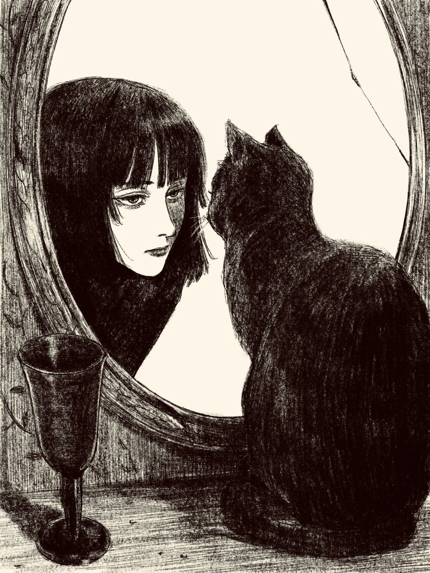 1girl animal black_hair cat chalice cup full_body greyscale highres hime_cut long_hair looking_at_animal looking_at_another looking_at_mirror mirror monochrome original solo tp_p_pt