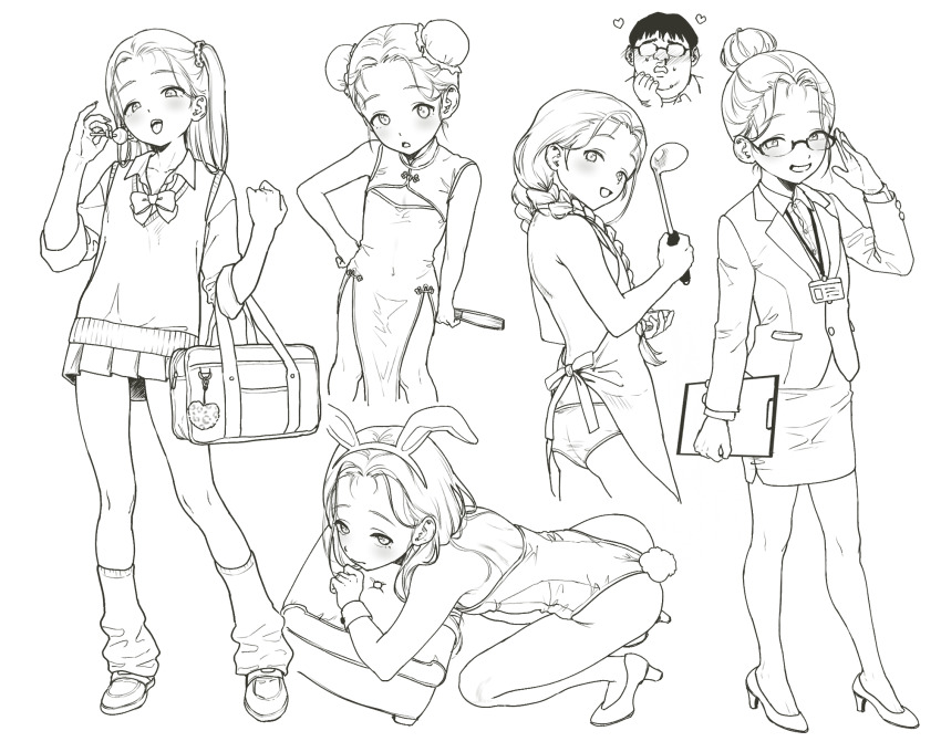 1boy 1girl animal_ears apron borrowed_character china_dress chinese_clothes double_bun dress forehead futoshi_(haguhagu) greyscale gyaru hair_bun highres holding holding_ladle imaninjaguy kogal ladle long_hair monochrome multiple_persona naked_apron office_lady original panties playboy_bunny rabbit_ears rabbit_tail sasha_(haguhagu) simple_background sketch skirt tail underwear white_background