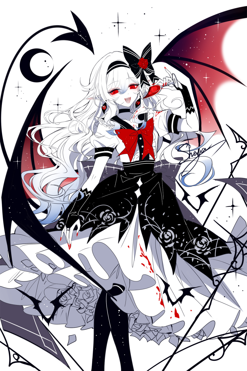 1girl :d bow choker cup drinking_glass flower hair_bow hair_flower hair_ornament hairband highres holding holding_cup limited_palette looking_at_viewer nail_polish open_mouth original pantyhose petticoat pointy_ears puffy_short_sleeves puffy_sleeves red_bow red_eyes red_flower red_nails red_rose rose sailor_collar sheya short_sleeves skirt smile solo spot_color white_background wine_glass