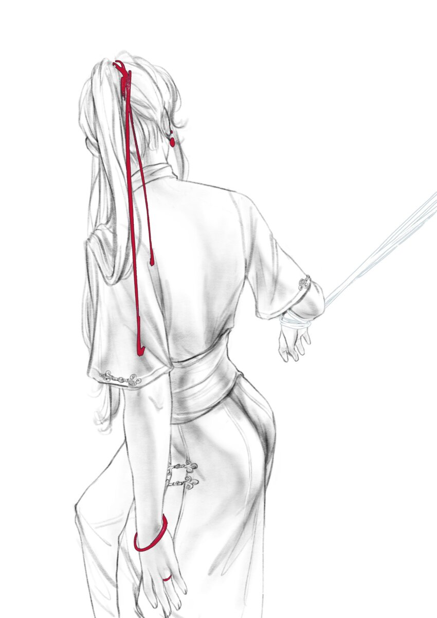 1boy bound bound_wrists bracelet butchinelle chinese_clothes chinese_knot earrings facing_away from_behind greyscale hair_ribbon hanfu highres implied_yaoi jewelry long_hair long_sleeves male_focus modao_zushi monochrome ponytail red_ribbon ribbon ring robe sash simple_background solo spot_color standing wei_wuxian white_background