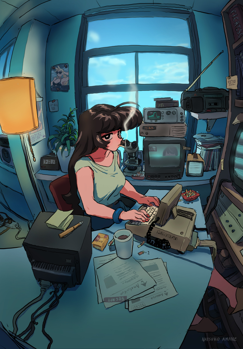 1980s_(style) 1girl absurdres aheahead ahoge amane_natsuko ashtray black_eyes black_hair bright_pupils cable calendar_(object) cd chair character_name cigarette cigarette_butt cigarette_pack clock computer crt cup desk fisheye highres indie_virtual_youtuber lamp long_hair looking_at_viewer microscope monitor mug nail_polish official_art oldschool oscilloscope plant portable_computer potted_plant power_strip radio red_nails retro_artstyle shelf sitting slippers smoke smoking solo sticky_note television typing virtual_youtuber white_pupils window wire