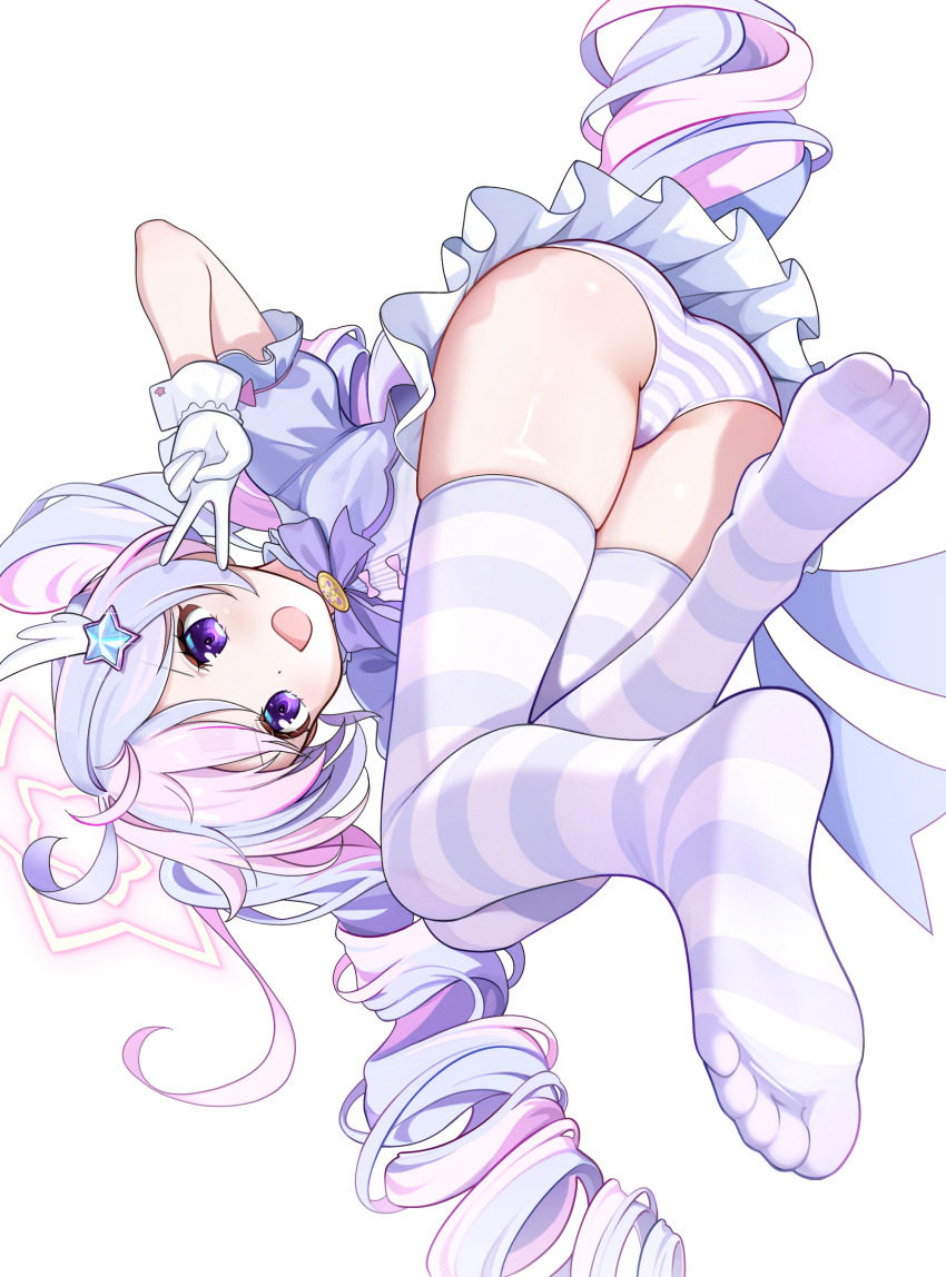 1girl :d absurdres ahoge ass aviary blue_archive blush bow bowtie cameltoe dot_nose drill_hair feet frilled_gloves frilled_skirt frills full_body gloves hair_ornament halo hand_up highres loli long_hair looking_at_viewer magical_girl multicolored_hair no_shoes open_mouth panties pantyshot pink_bow pink_hair purple_bow purple_bowtie purple_hair purple_halo purple_panties reisa_(blue_archive) reisa_(magical)_(blue_archive) revision shirt_bow short_sleeves simple_background skirt smile soles solo star_(symbol) star_hair_ornament star_halo striped_clothes striped_panties striped_thighhighs thighhighs thighs toes twin_drills twintails two-tone_thighhighs underwear v v_over_eye very_long_hair white_background white_gloves wing_hair_ornament zettai_ryouiki