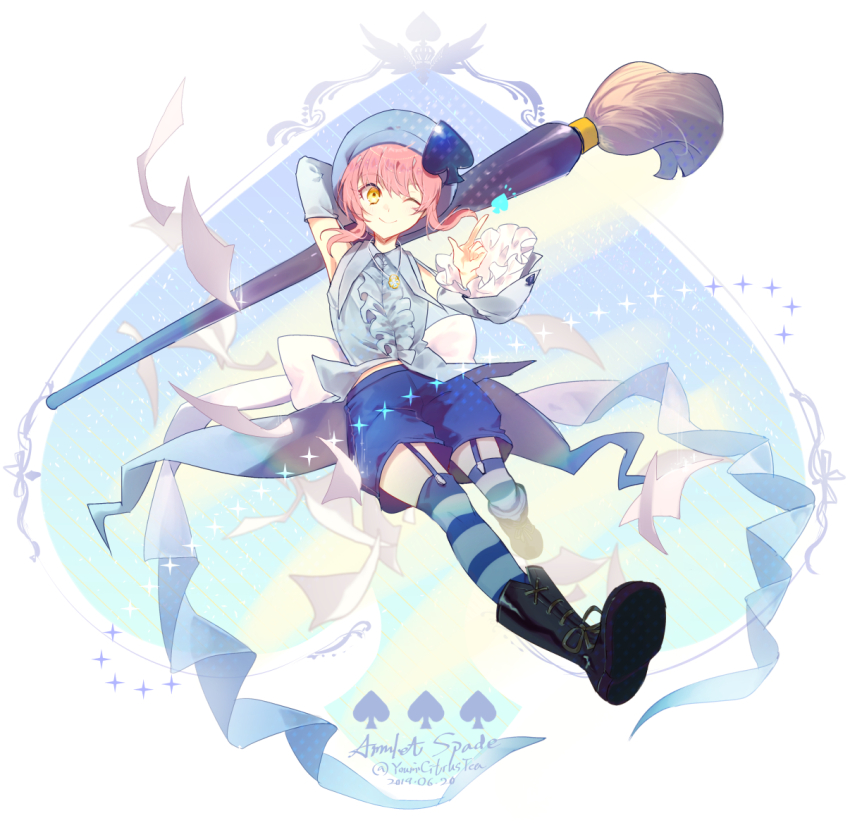 1girl amulet_spade black_boots blue_headwear blue_shirt blue_shorts blue_sleeves blue_thighhighs boots character_name detached_sleeves full_body garter_straps giant_brush hair_ornament hinamori_amu holding holding_paintbrush one_eye_closed orange_eyes paintbrush pink_hair shirt short_hair shorts shugo_chara! solo spade_hair_ornament thighhighs white_background youmicitrustea