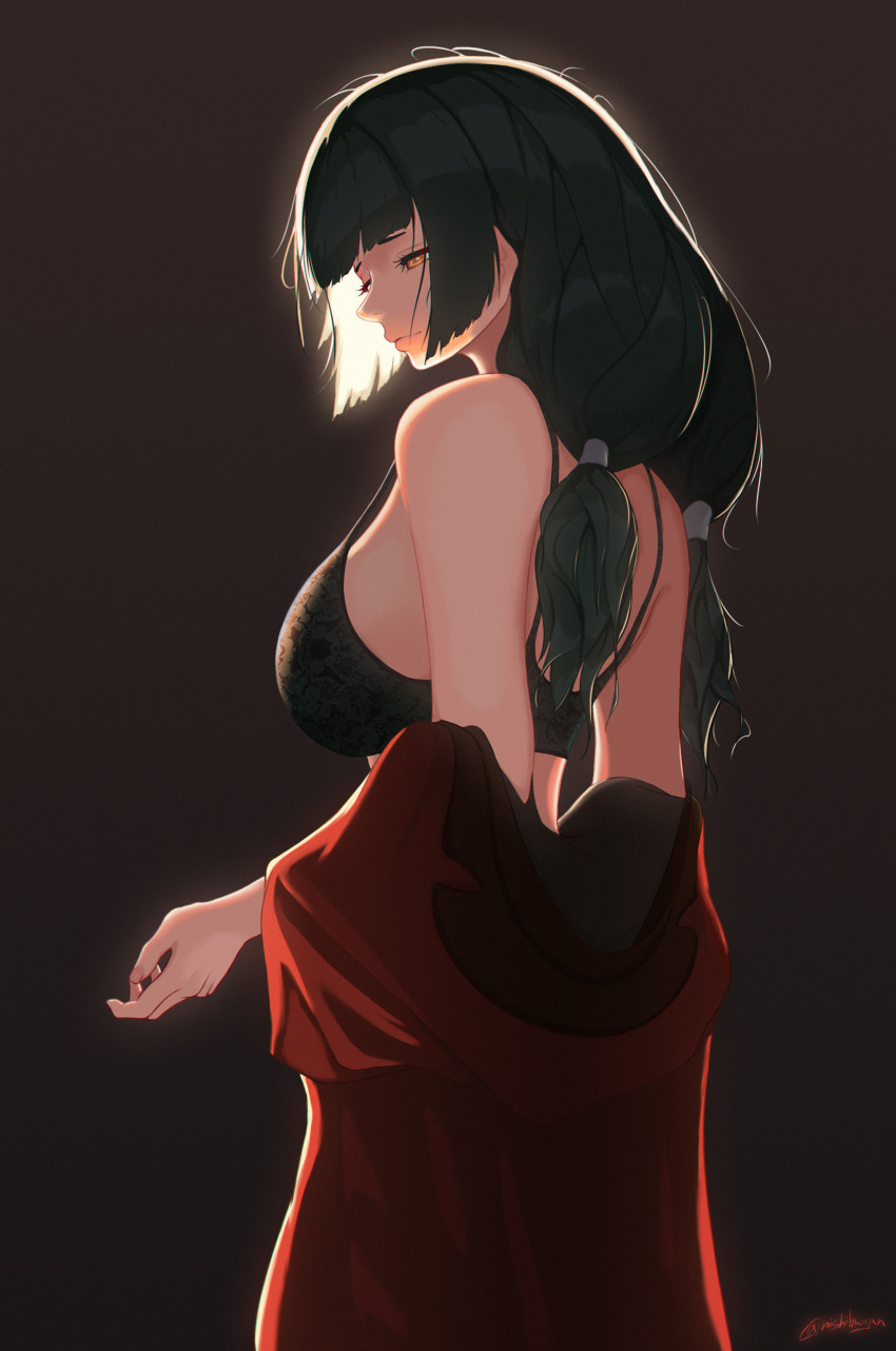 absurdres backlighting black_hair bra coat girls&#039;_frontline griffin_&amp;_kryuger_military_uniform highres multicolored_hair nishibuya red_coat ro635_(girls&#039;_frontline) signature streaked_hair underwear