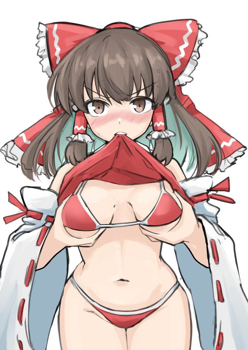 1girl absurdres bikini bikini_under_clothes blush bow breasts brown_eyes brown_hair clothes_in_mouth clothes_lift collared_shirt colored_inner_hair commentary_request cowboy_shot detached_sleeves frilled_bow frilled_hair_tubes frills grabbing_own_breast green_hair hair_between_eyes hair_bow hair_tubes hakurei_reimu highres lifting_own_clothes long_hair looking_at_viewer medium_breasts mouth_hold multicolored_hair navel no_pants nose_blush red_bikini red_bow red_shirt ribbon-trimmed_sleeves ribbon_trim shirt shirt_in_mouth shirt_lift sidelocks simple_background sleeveless sleeveless_shirt solo standing stomach string_bikini swimsuit thighs touhou white_background white_sleeves wide_sleeves yuuka_(a0240765)