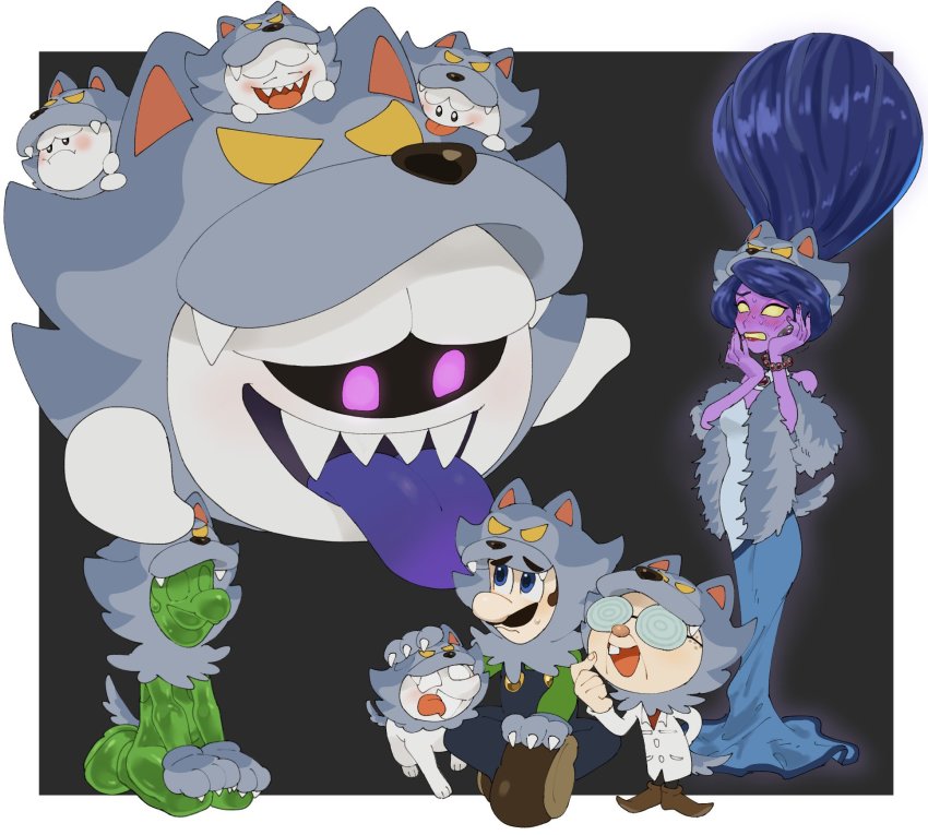 1girl 3boys @_@ beehive_hairdo black_background blue_eyes blush boo_(mario) border brooch colored_skin dog facial_hair fangs ghost glasses gooigi halloween halloween_costume hands_on_own_face hellen_gravely highres jewelry king_boo kneeling long_tongue luigi luigi&#039;s_mansion luigi&#039;s_mansion_3 mario_(series) mimimim9999 multiple_boys mustache nervous nintendo polterpup professor_elvin_gadd purple_eyes purple_hair purple_skin smile tongue tongue_out werewolf werewolf_costume white_border yellow_eyes