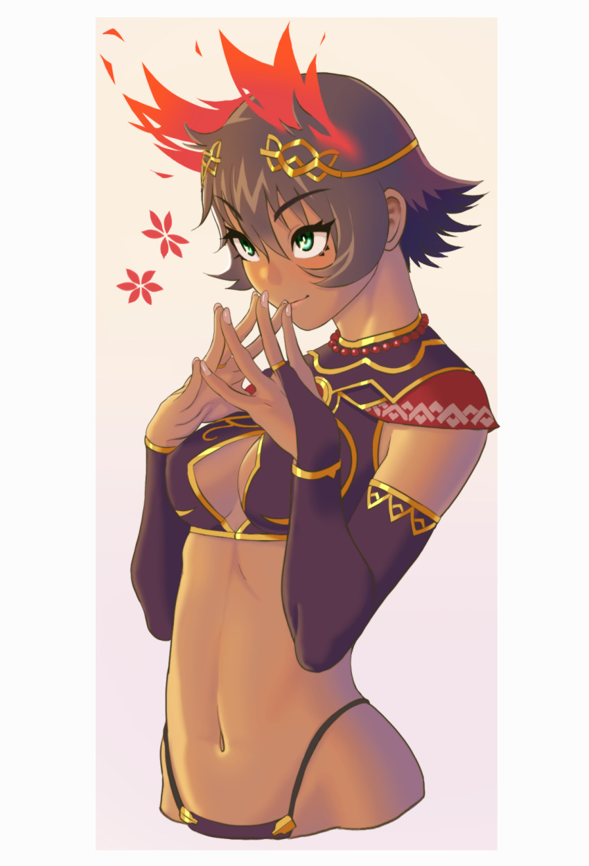 1girl bare_hips bead_necklace beads bridal_gauntlets brown_hair center_opening cowboy_shot elbow_gloves fingernails gloves gold_armlet gold_ring gold_trim gradient_background green_eyes hair_horns hair_ornament happy highres hitomaruniigo jewelry light_blush linea_alba long_eyelashes long_fingernails medium_hair midriff navel necklace neptora original own_hands_together pattern_request petals pink_lips revealing_clothes seductive_smile shiny_skin smile solo sparkling_eyes tan toned toned_female two-tone_background white_background yellow_background