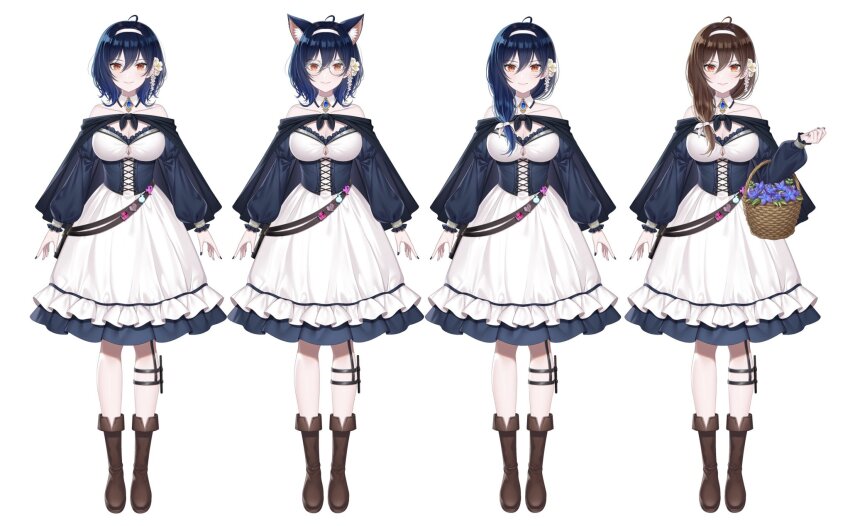 1girl ahoge animal_ear_fluff animal_ears bare_shoulders basket black_cape black_corset blue_gemstone blue_nails boots breasts brown_boots brown_hair cape cleavage closed_mouth clothing_cutout collar collarbone corset cyberlive detached_collar dress flower gem hair_between_eyes hair_flower hair_ornament hair_ribbon hairband highres holding holding_basket long_hair long_sleeves mairo official_alternate_hair_color orange_eyes oumiya_emma ribbon short_hair solo virtual_youtuber white_background white_collar white_dress white_flower white_hairband white_ribbon