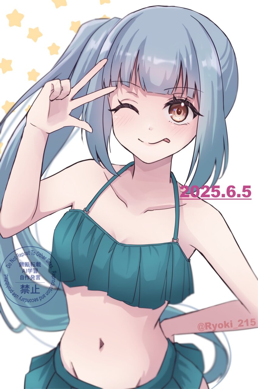 1girl ;p bikini bikini_skirt blush breasts brown_eyes collarbone cowboy_shot frilled_bikini frills green_bikini grey_hair hair_ribbon highres kantai_collection kasumi_(kancolle) kasumi_kai_ni_(kancolle) kasumi_kai_ni_(swimsuit)_(kancolle) long_hair looking_at_viewer navel one_eye_closed ribbon ryouki_(ryoki_215) side_ponytail small_breasts solo star_(symbol) swimsuit tongue tongue_out twintails v watermark yellow_eyes