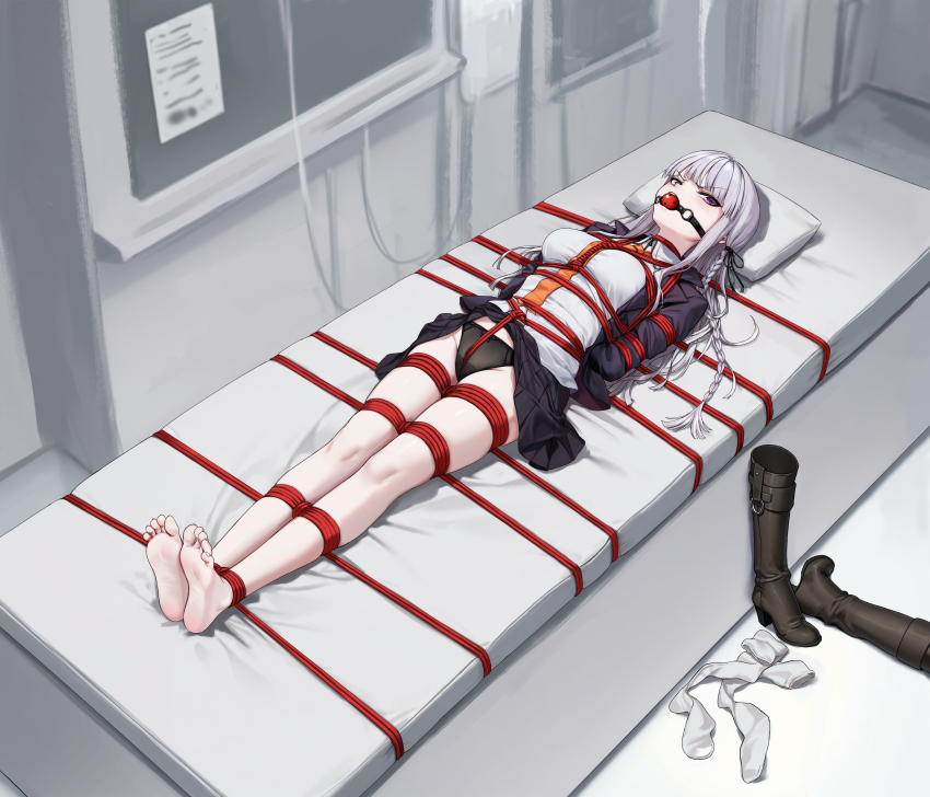 1girl absurdres ball_gag barefoot bdsm black_panties blazer bondage boots bound bound_arms bound_legs breasts collared_shirt crotch_rope danganronpa:_trigger_happy_havoc danganronpa_(series) feet gag gagged grey_hair highres jacket kirigiri_kyoko kumachi_(aikawaakeya) long_hair looking_at_viewer lying medium_breasts necktie on_back orange_necktie panties purple_eyes restrained shibari shibari_over_clothes shirt skindentation soles solo toes underwear unworn_boots very_long_hair white_shirt wiffle_gag