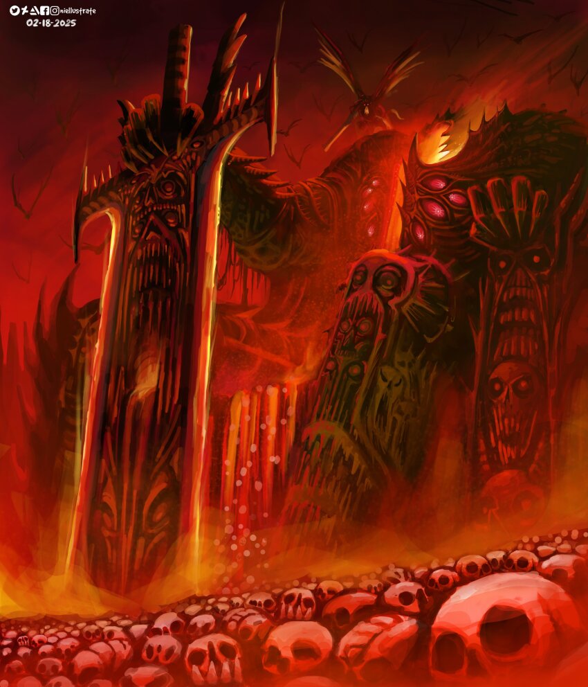 2025 2others absurdres armor artist_name artstation_logo chaos_(warhammer) claws commentary daemon_prince demon demon_horns demon_tail demon_wings deviantart_logo english_commentary english_text extra_eyes facebook_logo faceless fire flaming_sword flaming_weapon flying full_body giant glowing_mouth highres holding holding_sword holding_weapon horns instagram_logo khorne lava multiple_others niellustrate open_mouth ornate_weapon pile_of_skulls planted planted_sword planted_weapon red_eyes red_light screaming sitting_on_throne skull skull_ornament smoke spiked_armor sword tail throne twitter_logo warhammer_40k weapon wings