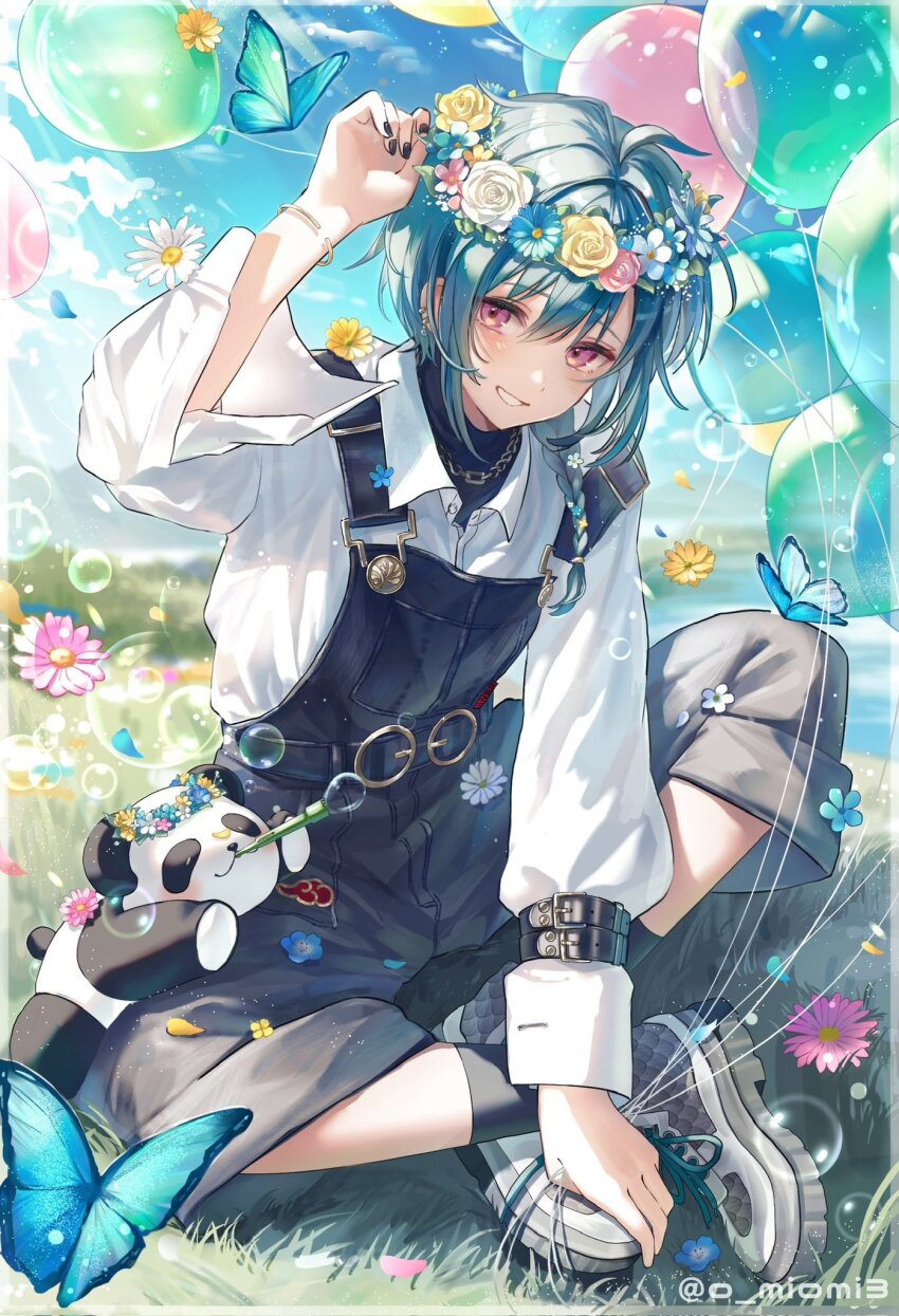 1other adjusting_clothes adjusting_headwear ahoge androgynous balloon black_nails black_overalls blowing_bubbles bug butterfly flower flower_wreath green_hair grin happy_birthday highres indian_style insect long_sleeves nijisanji on_grass oumiomi overalls panda pink_eyes ryuushen shoes short_hair sitting smile sneakers twitter_username