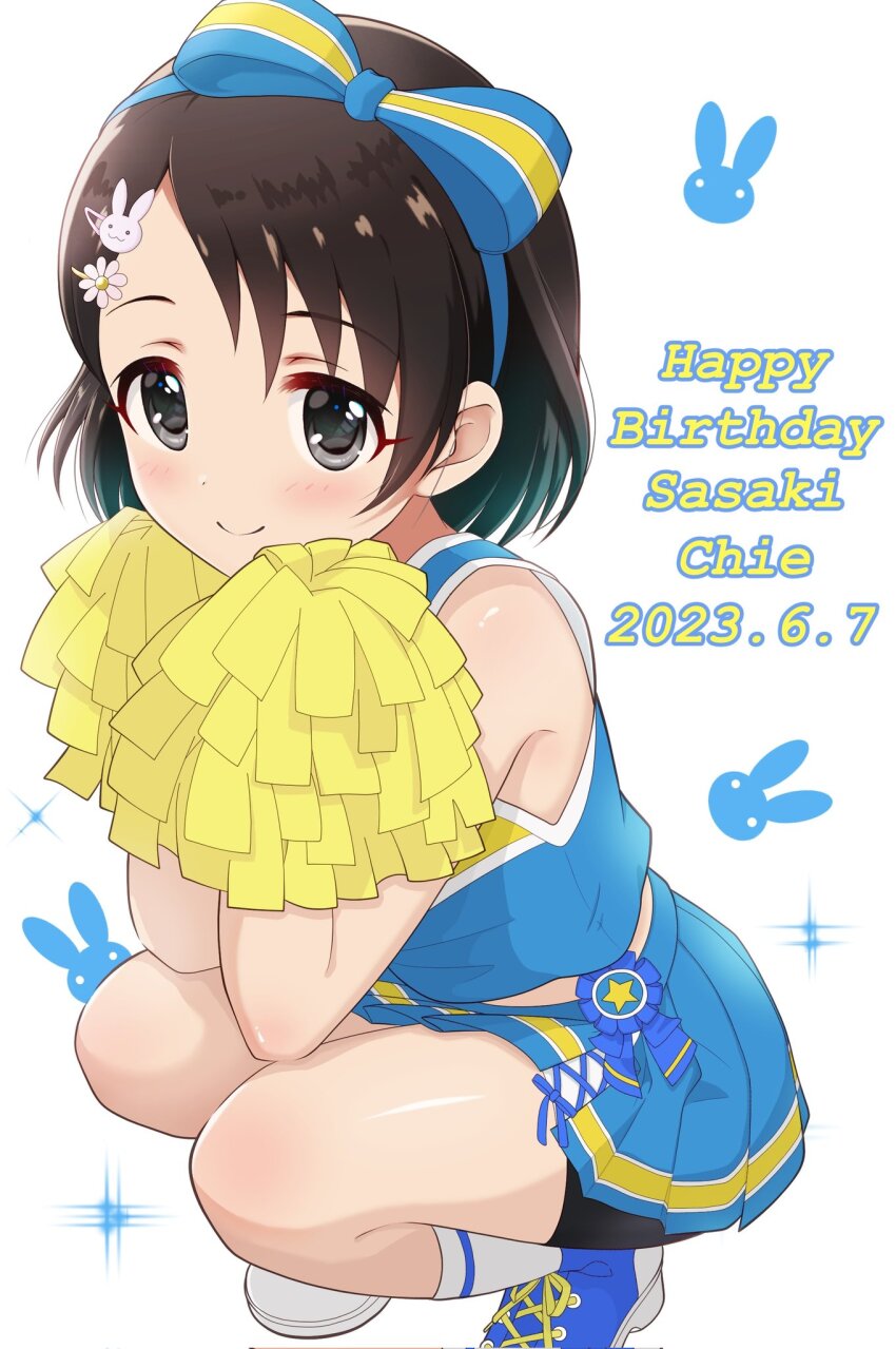 1girl animal_print bike_shorts bike_shorts_under_skirt blue_shirt blue_skirt blush bow_hairband brown_hair character_name cheerleader dated hairband happy_birthday highres holding holding_pom_poms idolmaster idolmaster_cinderella_girls kirinp_u149 looking_at_viewer pleated_skirt pom_pom_(cheerleading) pom_poms rabbit_print sasaki_chie shirt skirt sleeveless sleeveless_shirt smile solo squatting