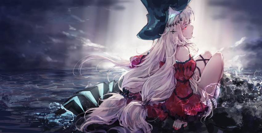 1girl aqua_gloves aqua_headwear arknights artist_name bare_shoulders black_ribbon crying crying_with_eyes_open detached_sleeves dress from_behind gloves hair_ornament highres knees_up leg_ribbon legs_together long_hair long_sleeves ocean official_alternate_costume outdoors parted_lips pugwit red_dress red_eyes ribbon signature silver_hair sitting skadi_(arknights) skadi_the_corrupting_heart_(arknights) sky solo tears very_long_hair