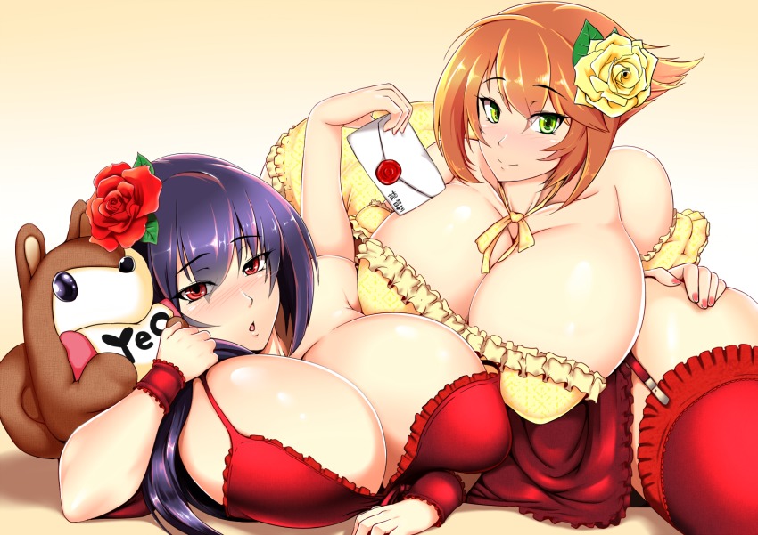2girls bare_shoulders blue_hair blush breasts breasts_out copyright_request green_eyes highres huge_breasts long_hair looking_at_viewer lying moo multiple_girls on_side orange_hair parted_lips red_eyes short_hair smile