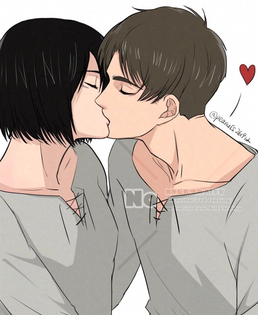 1boy 1girl black_hair brown_hair closed_eyes collarbone commentary_request couple eren_yeager facial_scar facing_another grey_shirt heart hetero highres kiss long_sleeves mikasa_ackerman peanuts261912 profile scar scar_on_cheek scar_on_face shingeki_no_kyojin shirt short_hair simple_background three_quarter_view twitter_username upper_body watermark white_background