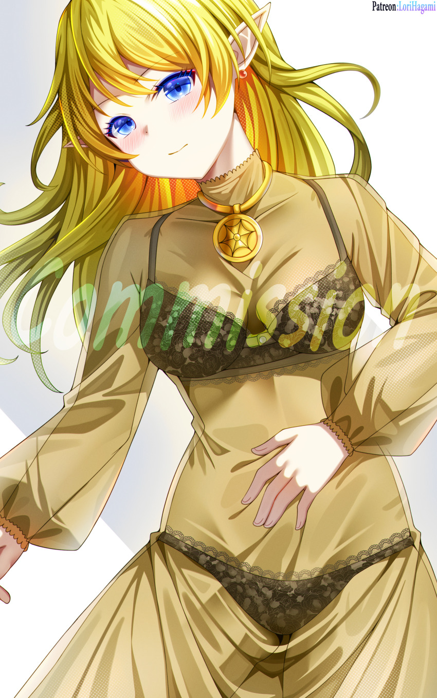 absurdres black_bra black_panties blonde_hair blue_eyes bra breasts cleavage commission commissioner_upload elf highres jewelry long_hair lori_hagami lotte_farona necklace official_art panties pointy_ears see-through_clothes see-through_sleeves small_breasts underwear ways_of_darkness_(series)