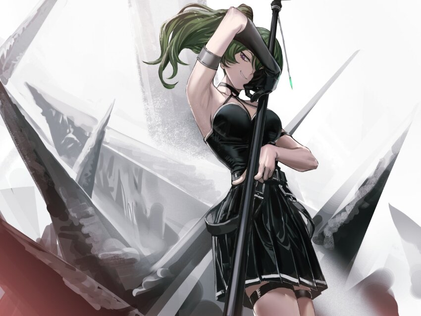 1girl arm_up armlet armpits bare_shoulders belt black_belt black_choker black_dress breasts choker cowboy_shot dress green_hair halter_dress halterneck holding holding_staff infukun jewelry long_hair medium_breasts ponytail purple_eyes sleeveless sleeveless_dress solo sousou_no_frieren staff standing thigh_strap ubel_(sousou_no_frieren)