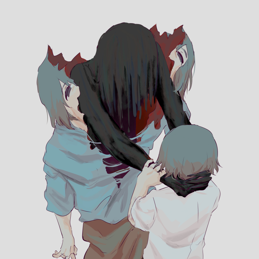 1boy 1girl absurdres avogado6 black_hair black_skin blue_shirt child colored_skin commentary_request grey_background grey_hair hair_over_eyes highres holding_another&#039;s_wrist medium_hair original shirt simple_background split_head strangling torn_clothes white_shirt