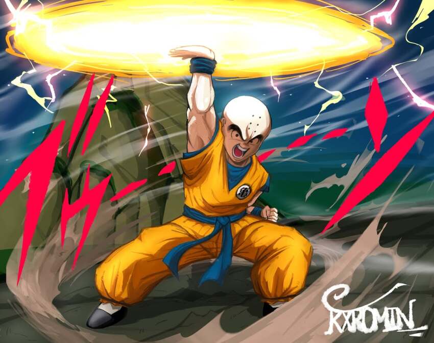 1boy bald bald_male black_eyes dragon_ball kienzan kuririn lightning looking_at_viewer muscular muscular_male serious solo sound_effects tagme