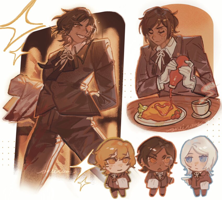 1boy 2girls blonde_hair blue_eyes bow bowtie brown_bow brown_bowtie brown_eyes brown_hair brown_suit butler chibi dark-skinned_female dark_skin faust_(project_moon) food formal_clothes grin highres limbus_company looking_at_another looking_at_viewer monocle multiple_girls omelet omurice oneii outis_(project_moon) project_moon shirt short_hair simple_background sinclair_(project_moon) smile solo_focus standing suit upper_body white_background white_hair white_shirt wuthering_heights_(identity)_(project_moon) yellow_eyes