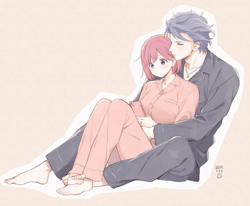 1boy 1girl barefoot bob_cut border breasts brown_background closed_eyes collared_shirt couple dated full_body grey_hair grey_pajamas grey_pants grey_shirt hetero holding holding_phone hug hug_from_behind jewelry krudears long_sleeves medium_breasts necklace pajamas pants phone pink_hair pink_pajamas pink_pants pink_shirt protagonist_(tokimemo_gs3) purple_eyes ring shirt shitara_seiji short_hair sitting swept_bangs tokimeki_memorial tokimeki_memorial_girl&#039;s_side tokimeki_memorial_girl&#039;s_side_3rd_story wavy_hair white_border